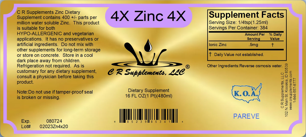 Label of CR Supplements Zinc Ionic Liquid Mineral supplement, showing supplement facts and usage instructions.