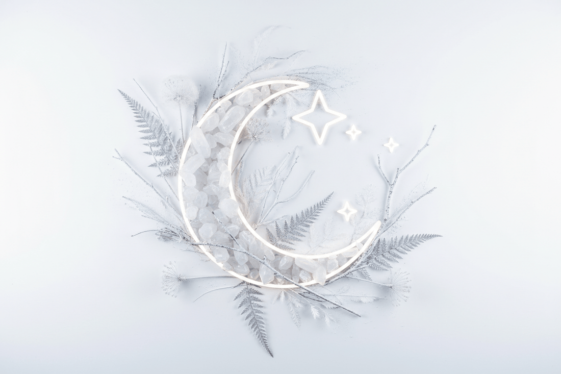 Mineral Moonlight Outline and Nature with a crescent moon, stars, and fern leaves on a light background.