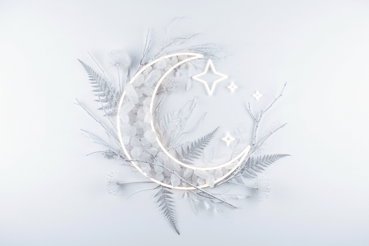 Mineral Moonlight Outline and Nature with a crescent moon, stars, and fern leaves on a light background.