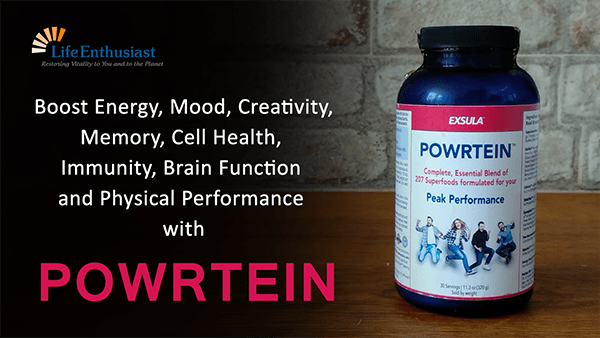 Powrtein supplement bottle showcasing benefits like energy boost and improved mood.