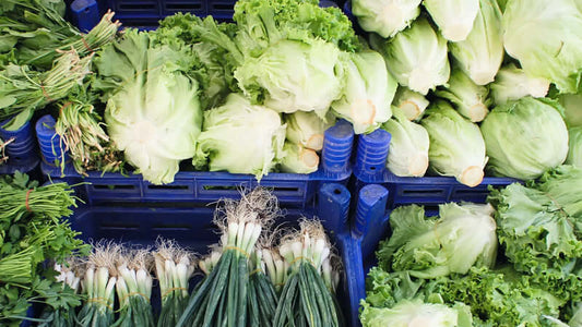 Fresh green vegetables including lettuce and scallions rich in iron.