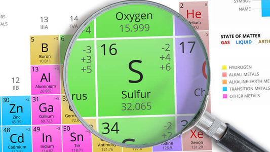 Close-up of Sulfur on the periodic table highlighting element S for Deuterium Sulfate study.