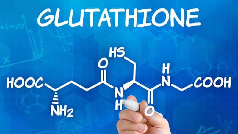 Glutathione: Master Antioxidant chemical structure illustration on a blue background.