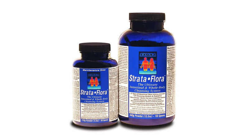 Two bottles of Strata Flora to Tidy, labeled as a holistic cleansing system for gut health.