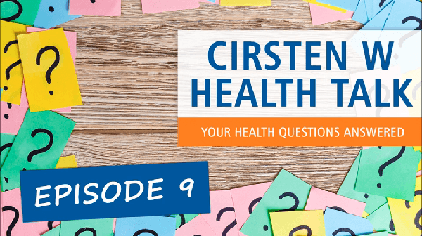 Cirsten W Health Talks Episode 9 with colorful question mark notes on wooden background