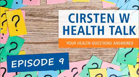 Cirsten W Health Talks Episode 9 with colorful question mark notes on wooden background