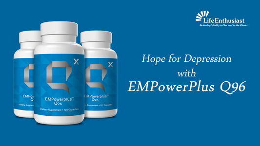 Three bottles of EMPowerplus Q96 dietary supplement for hope in depression.