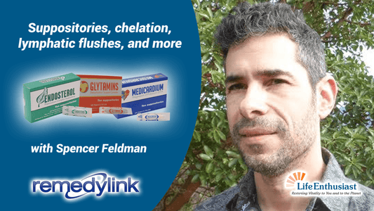 Image featuring Spencer Feldman discussing RemedyLink products, including Endosterol and Glythimix.