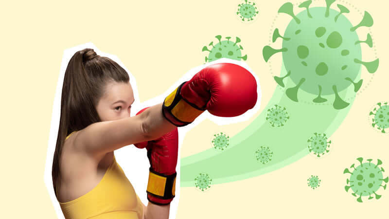 Bacterial Warfare vs pH Balance image of a girl boxing against germs and viruses.