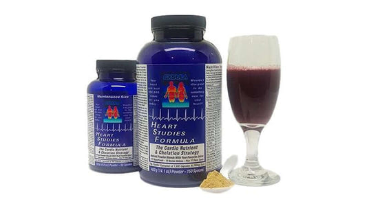 Heart Studies Formula Bonus Benefits products with supplement bottles and a glass of juice.