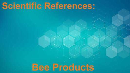 Scientific References: Bee Products visual representation with abstract hexagonal shapes and blue background.