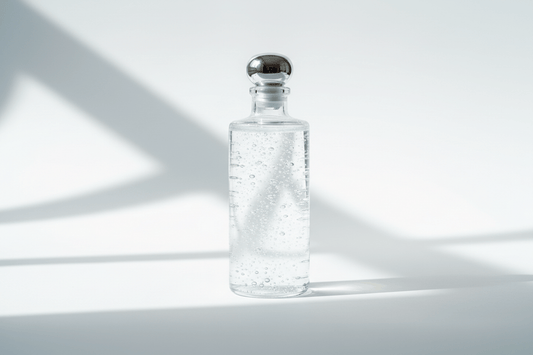 Essence of Hydrogen in Daylight - glass bottle with bubbles reflecting light.