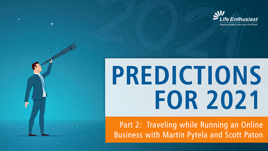 Man with telescope looking at the sky with text "PREDICTIONS FOR 2021" in a podcast promotion.