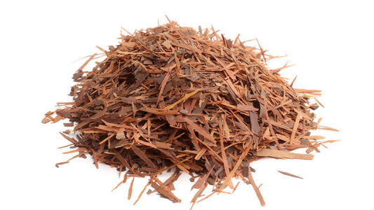 Pau D'Arco herbal bark in a pile, showcasing its natural shredded texture.