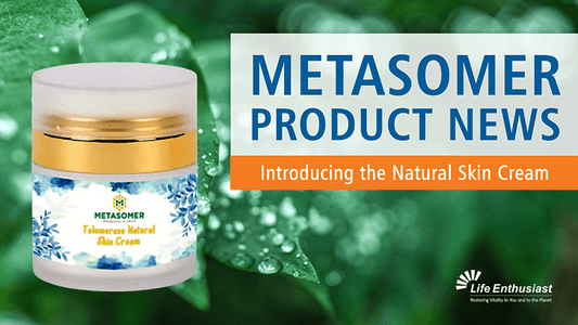 Metasomer News featuring a natural skin cream product introduction with green leaves in the background.