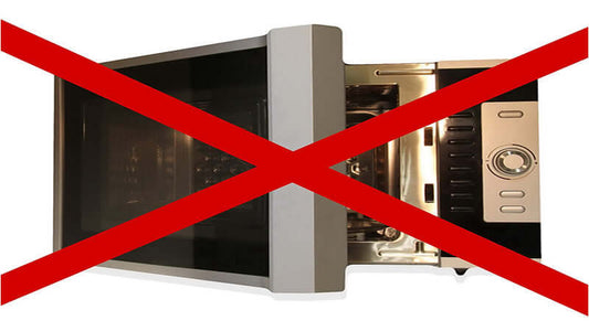 Microwaving Destroys Nutrients - an image of a microwave with a red cross over it.