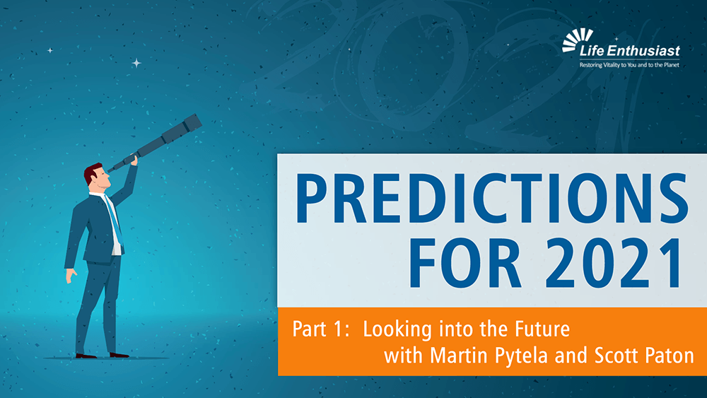 Man looking through a telescope with the text 'PREDICTIONS FOR 2021' in a podcast episode graphic.