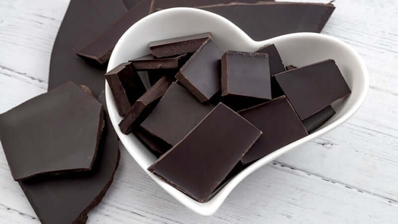Dark Chocolate for Heart Health in a heart-shaped bowl filled with chocolate pieces.