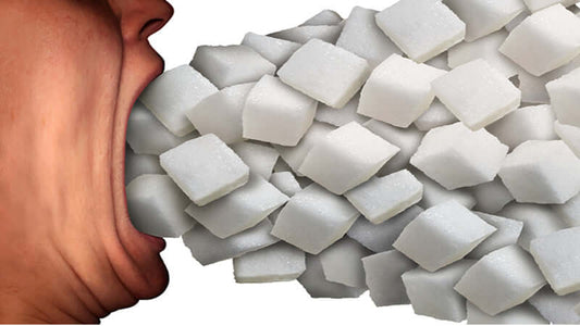 Illustration of a person exhaling a cloud of refined sugar cubes, symbolizing the concept of refined sugar as a sweet poison.