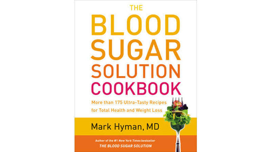 Book The Blood Sugar Solution Cookbook cover with subtitle and author Mark Hyman, MD prominently displayed.
