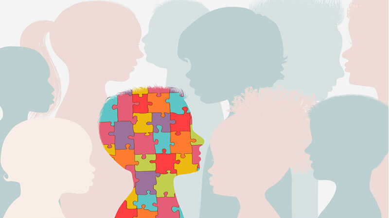 Silhouettes of children and puzzle piece head representing Hydrogen for Autism.