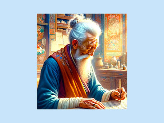Biography Amchi Thubten Lekshe, an elderly man writing in a traditional setting with colorful decor.