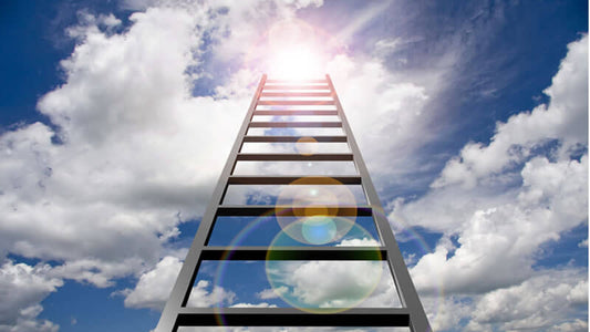 A ladder reaching towards a bright light in the sky, symbolizing the theme of Twilight America.