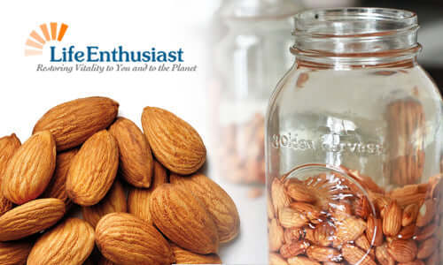 Soaking Nuts and Seeds: Almonds in a jar and scattered on a surface, showcasing the soaking process.