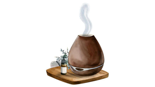 Aromatic diffuser releasing steam, essential oils and aromatherapy on a wooden tray with a small plant.