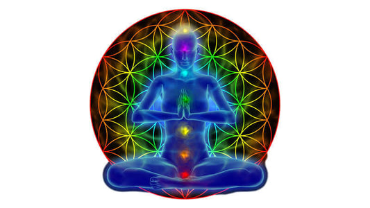 Chakra Balancing and Clearing Meditation illustration showing colorful energy flow through chakras.