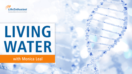 Podcast episode titled 'LIVING WATER' with Monica Leal featuring a blue and white design with DNA imagery.