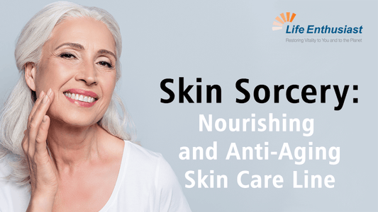 Skin Sorcery: Nourishing and Anti-Aging Skin Care Line featuring a smiling mature woman.