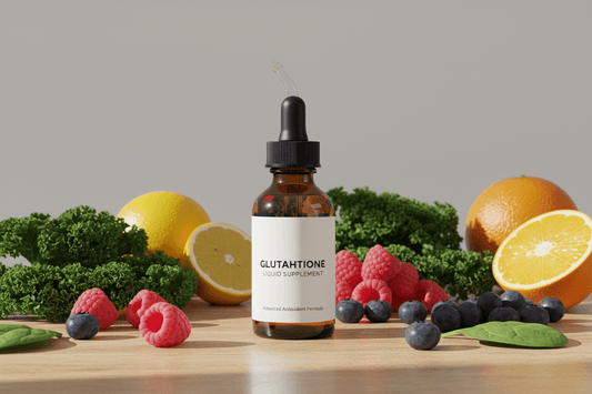 Key Benefits of Taking Glutathione liquid supplement with fresh fruits and vegetables on a wooden table.