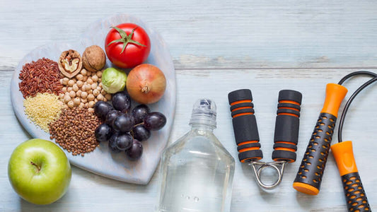 Healthy food options and exercise equipment promoting the idea that supplementation is crucial for health.