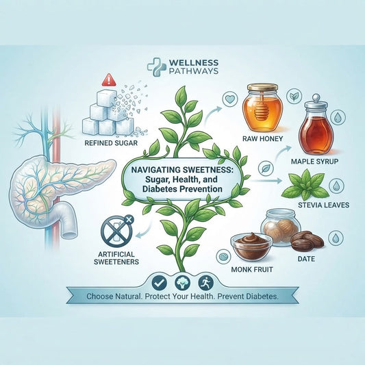 Infographic on sweeteners and diabetes, illustrating refined sugar, natural sweeteners, and diabetes prevention strategies.