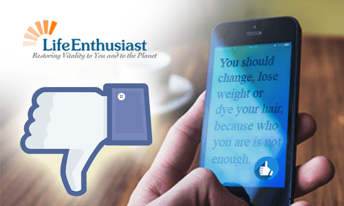Social Media and Body Image with a smartphone showing negative self-image advice and a thumbs down icon.