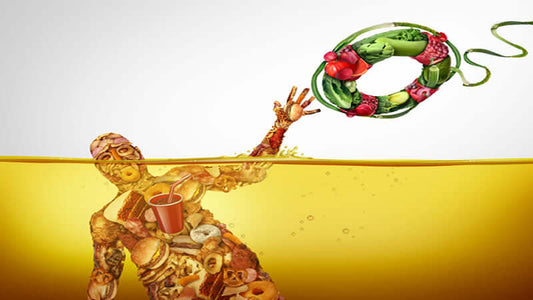A creative illustration representing the concept of 'We Are What We Eat' with food elements and a life buoy.