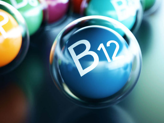 Colorful representation of Vitamin B12 from Methylcobolamin in spherical capsules.