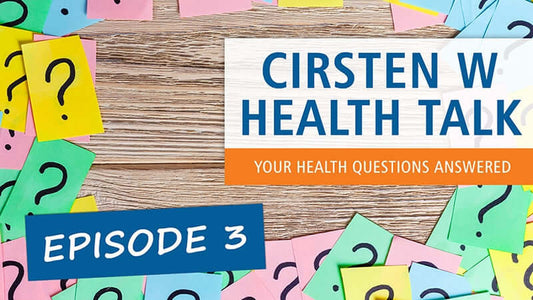 Cirsten W Health Talks Episode 3 image with colorful question marks on sticky notes for health discussions.