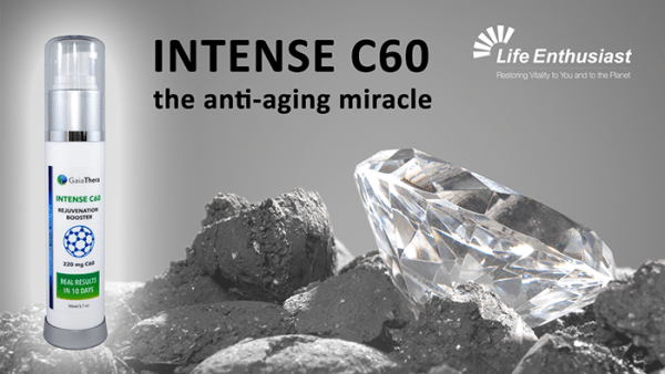 INTENSE C60 anti-aging solution next to a diamond and black stones, showcasing its rejuvenating powers.