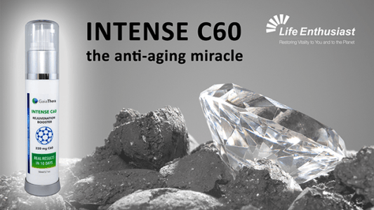INTENSE C60 anti-aging solution next to a diamond and black stones, showcasing its rejuvenating powers.