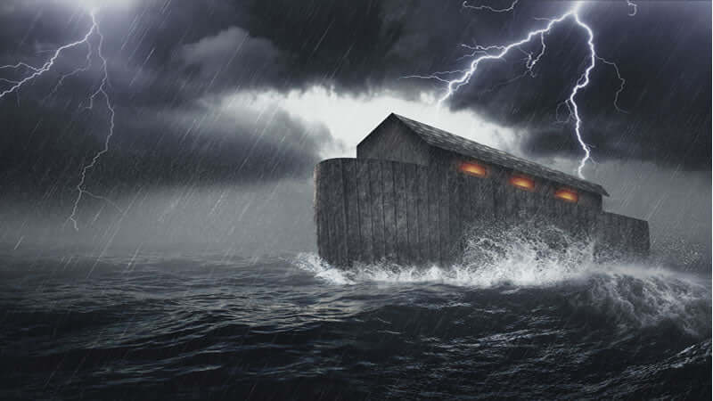 Lost Secrets of the Sacred Ark depicted with a wooden ark amidst a stormy sea and lightning.