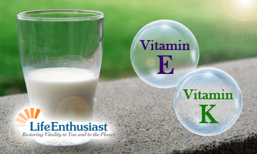 A glass of milk with spheres labeled Vitamin E and Vitamin K, illustrating fat soluble vitamins.