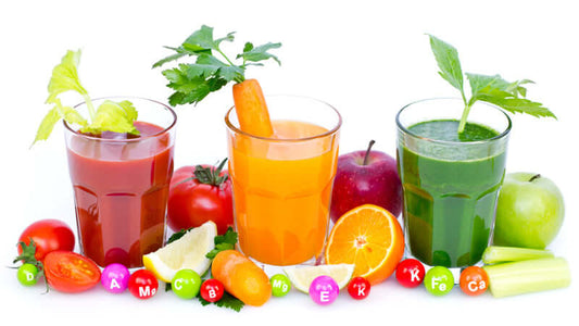 Scientific Research Exsula Superfoods Ingredients featured in colorful juices with fresh fruits and vegetables.
