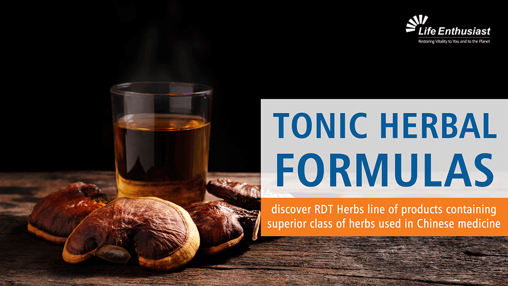 Image showcasing Tonic Herbal Formulas with herbs and a drink highlighting traditional Chinese medicine.