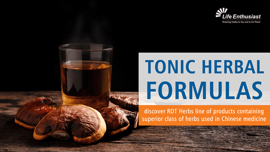 Image showcasing Tonic Herbal Formulas with herbs and a drink highlighting traditional Chinese medicine.