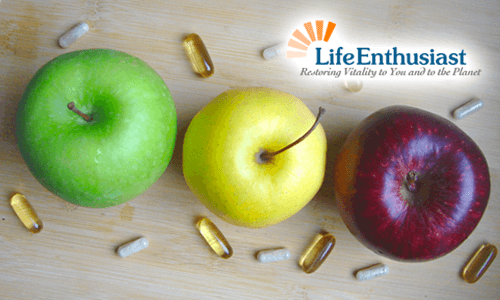 Nutritional Advice featuring green, yellow, and red apples with dietary supplements on a wooden surface.