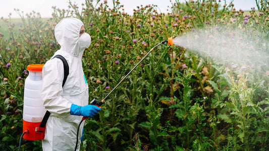 Person in protective gear spraying herbicides in a field, highlighting that RoundUp Cannot Produce Organic Food.