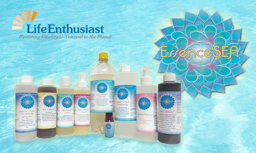 A collection of EssenceSea Products showcased against a blue water background, emphasizing holistic wellness.