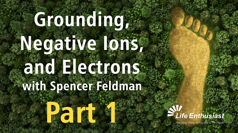 Podcast graphic featuring the title 'Grounding, Negative Ions, and Electrons' and the focus keyword Negative Ions.